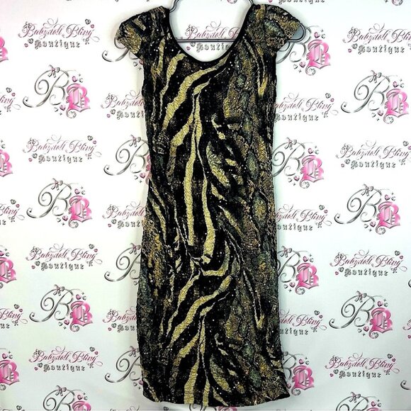 Frank Lyman Design dress sparkly sequins animal Black and Gold Zebra Mini Dress - Picture 1 of 9